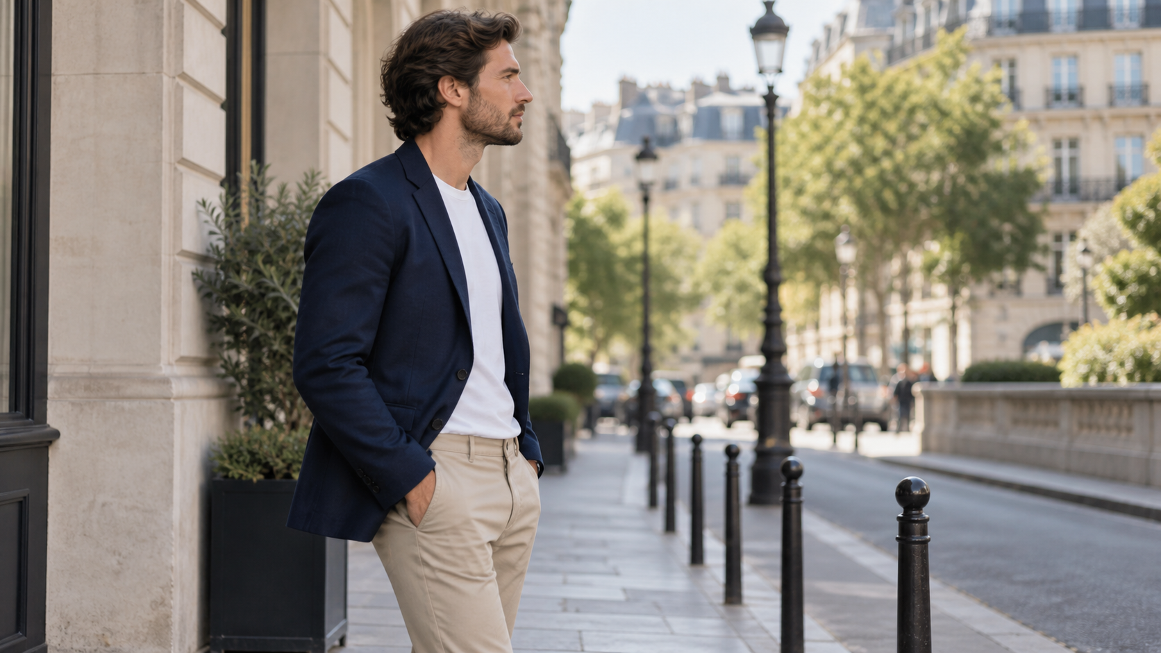 Homme portant un blazer bleu marine, un t-shirt blanc et un pantalon beige dans une rue urbaine