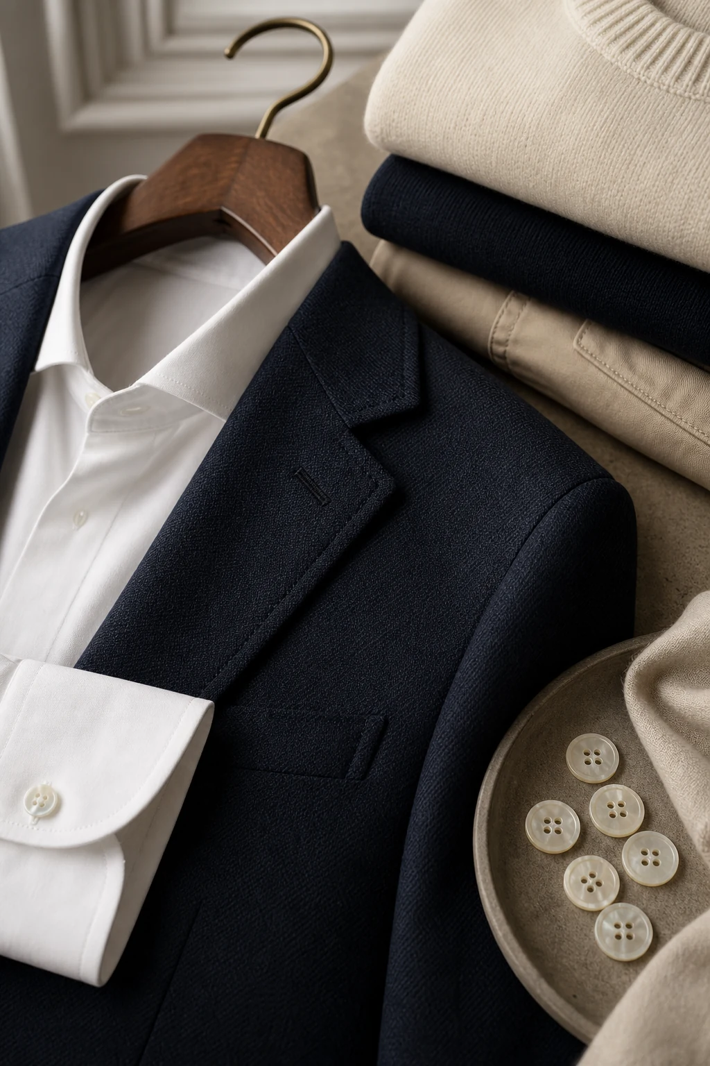 Illustration générée montrant une veste bleu marine, une chemise blanche, une maille claire et des boutons de confection sur une table