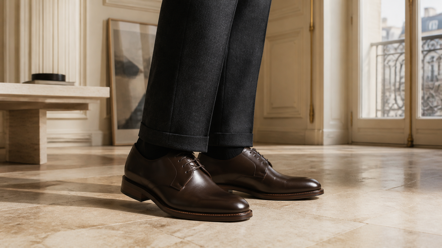 Derbies en cuir brun portées avec un pantalon en laine anthracite