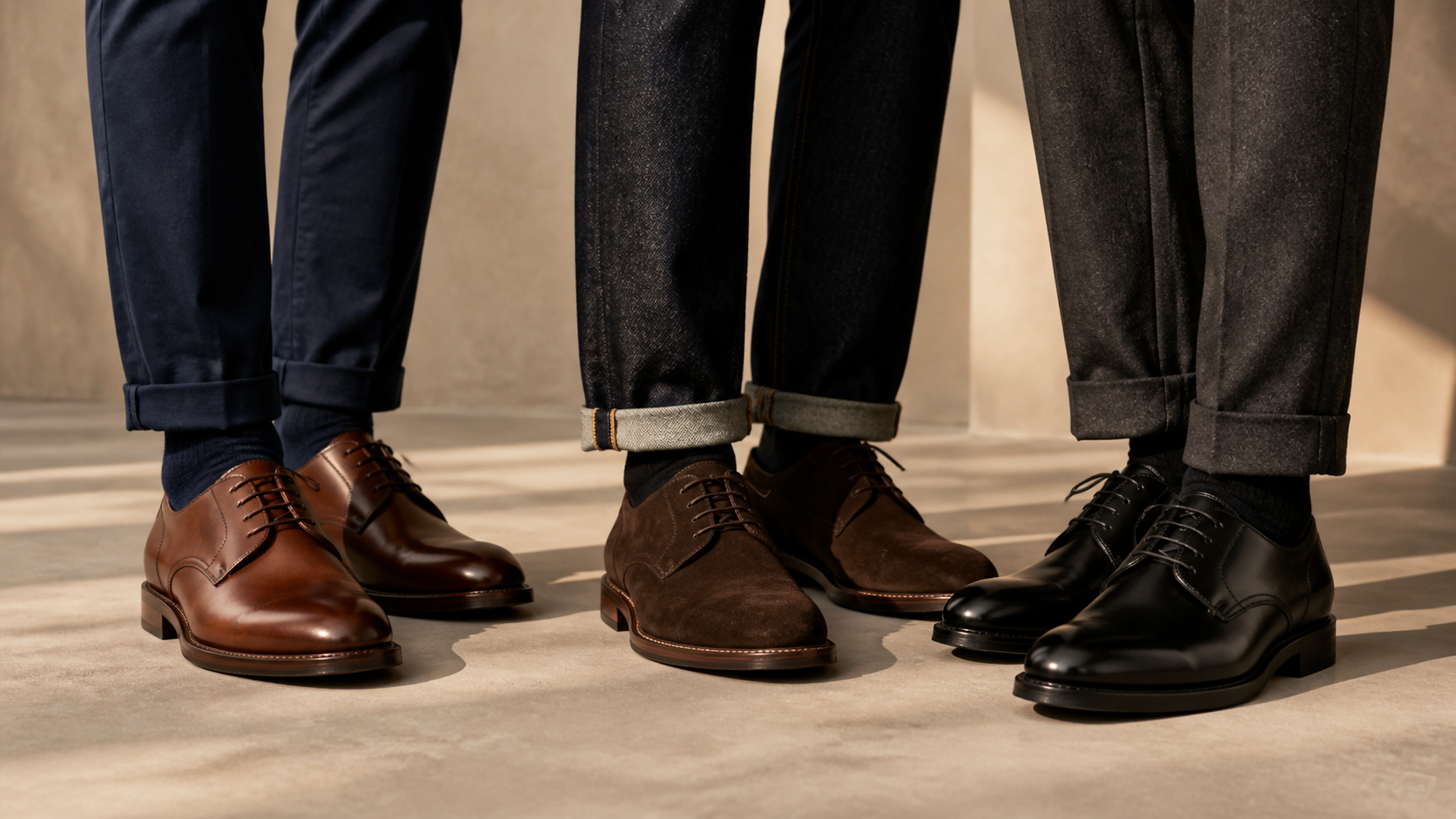 Trois associations de derbies avec chino marine, jean brut et pantalon anthracite