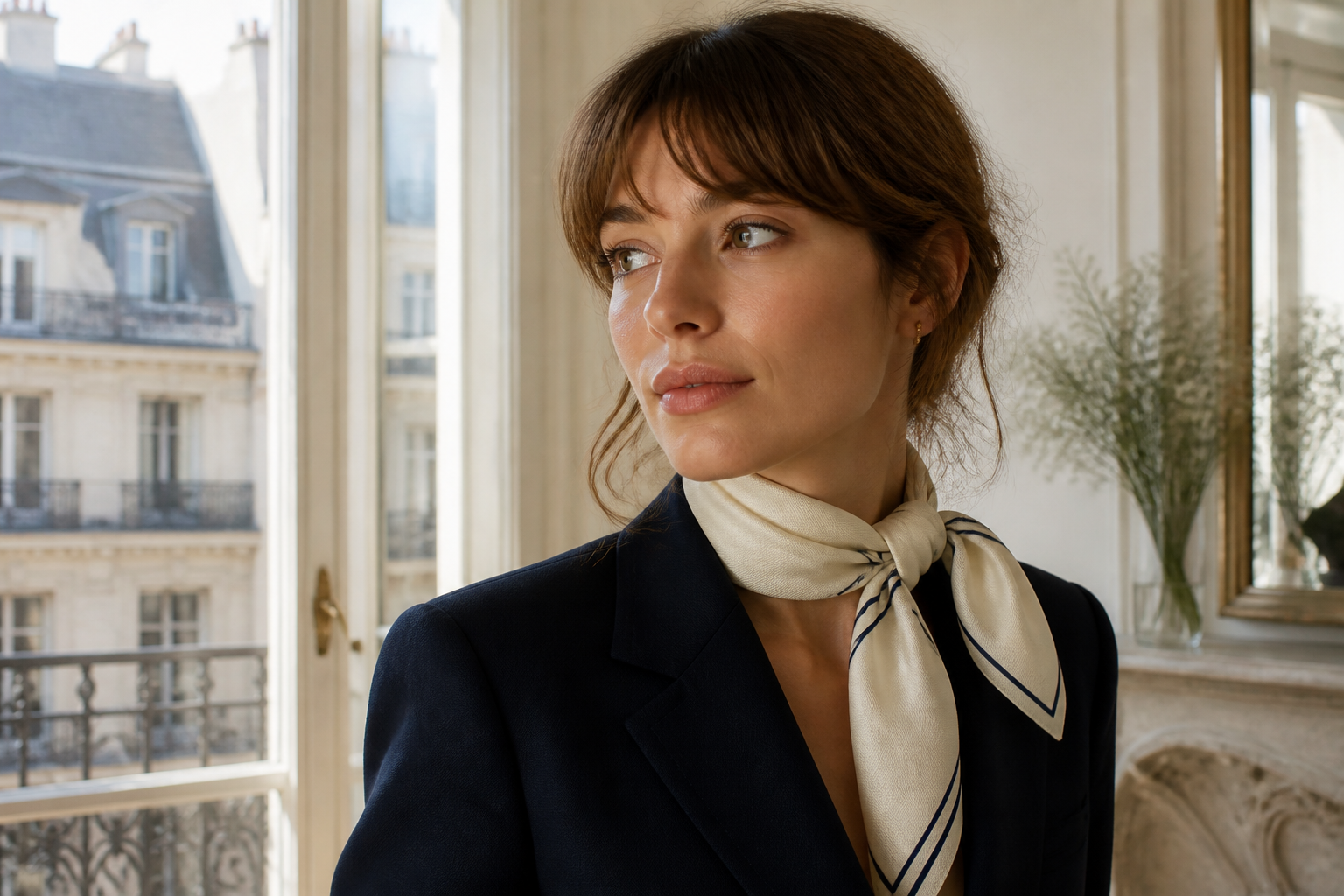 Femme portant un carré de soie ivoire bordé de bleu marine avec un blazer marine