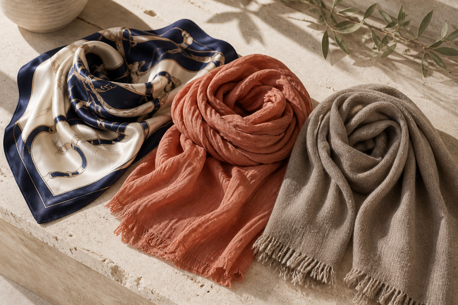 Carré bleu marine, foulard terracotta et étole taupe disposés sur une pierre claire
