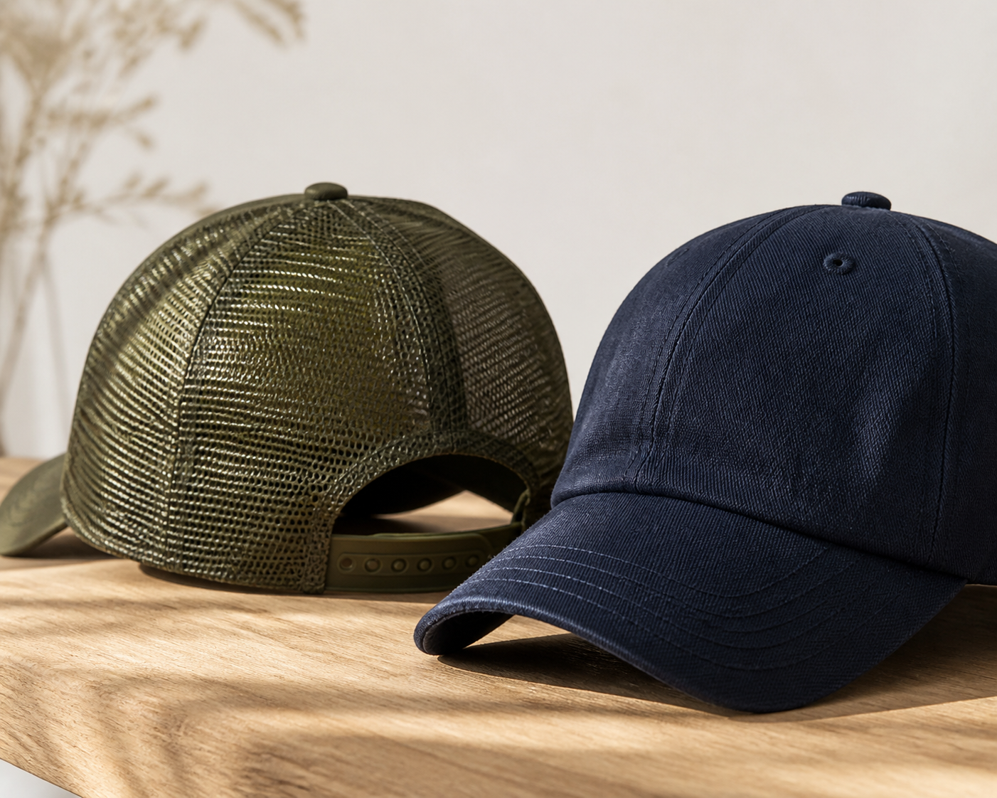 Casquette bleu marine et trucker olive vues de près, montrant la visière, le mesh et la fermeture réglable
