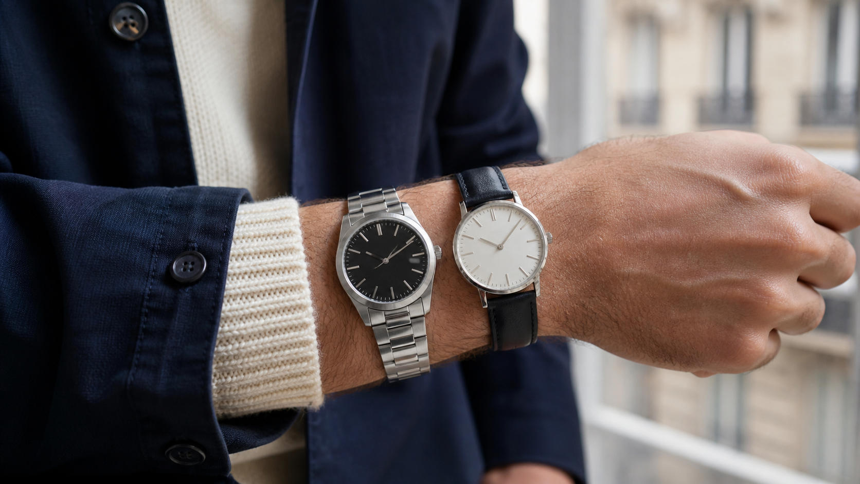 Deux montres sans logo portées avec une surchemise marine et une maille écrue