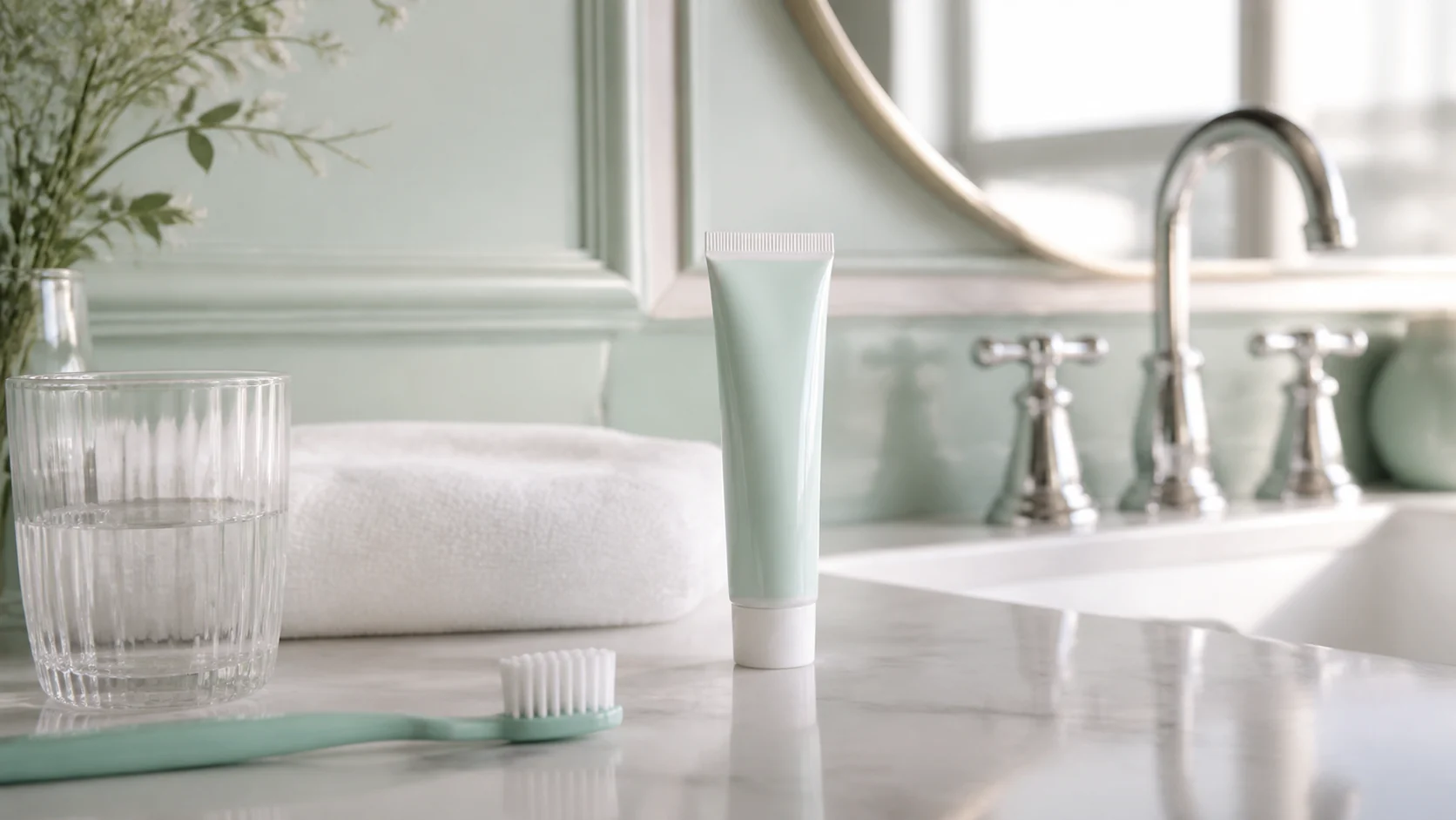 Tube de dentifrice générique et brosse à dents dans une salle de bains lumineuse