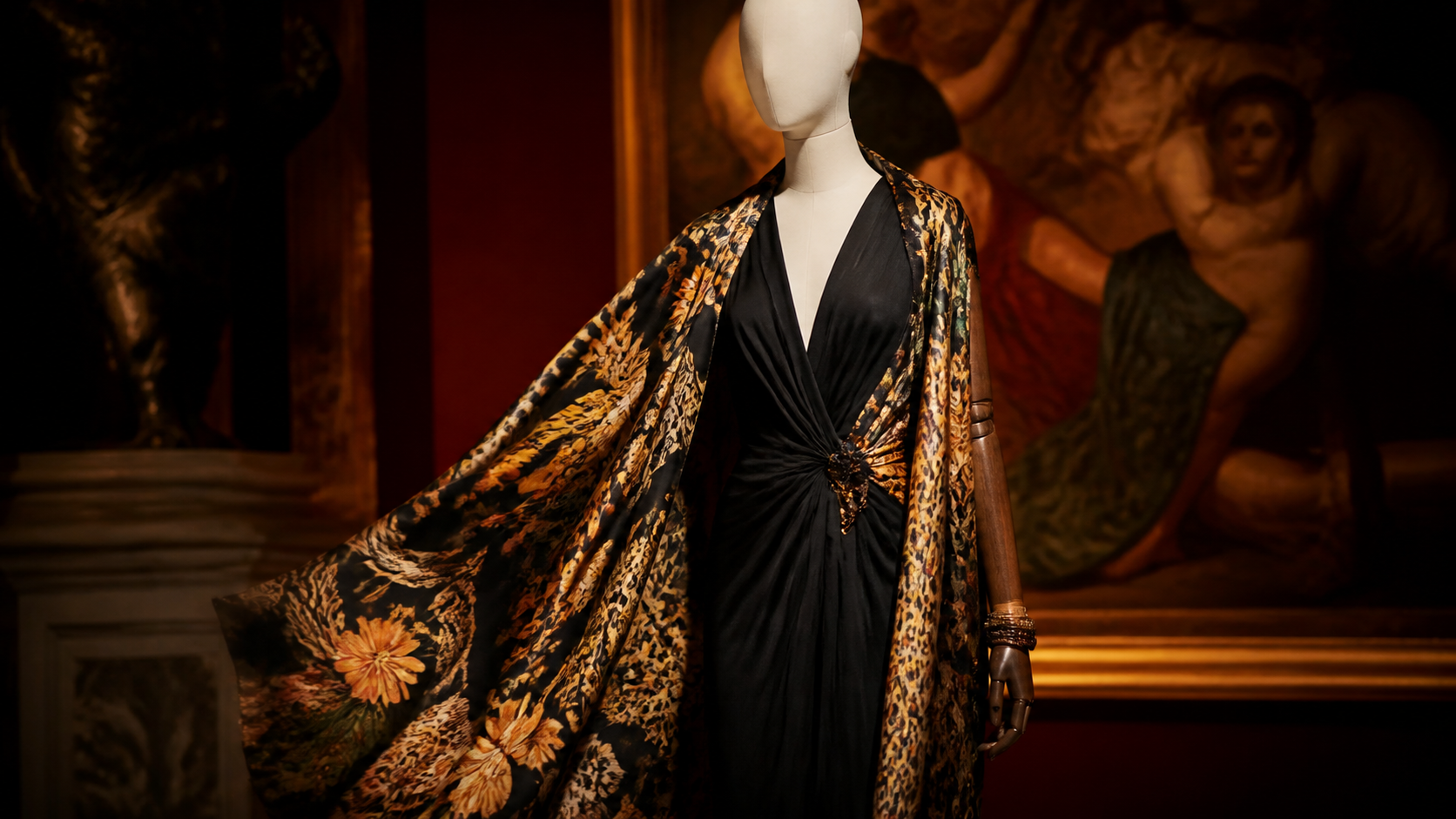 Mannequin portant une silhouette noire avec châle à motif abstrait dans une galerie sombre