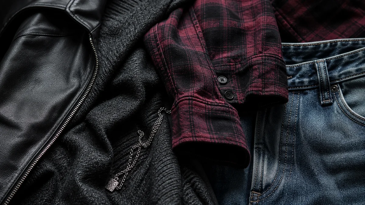 Flanelle bordeaux, maille anthracite, cuir noir et denim délavé pour une palette grunge contemporaine