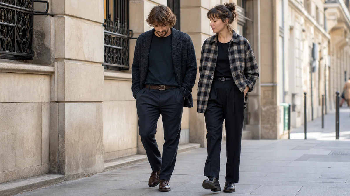 Homme et femme portant des tenues grunge sobres adaptées à la ville et au travail décontracté