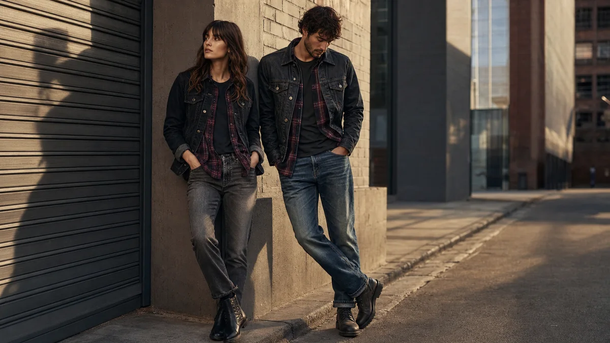Homme et femme en tenues grunge contemporaines avec flanelle, denim et bottines dans une rue urbaine