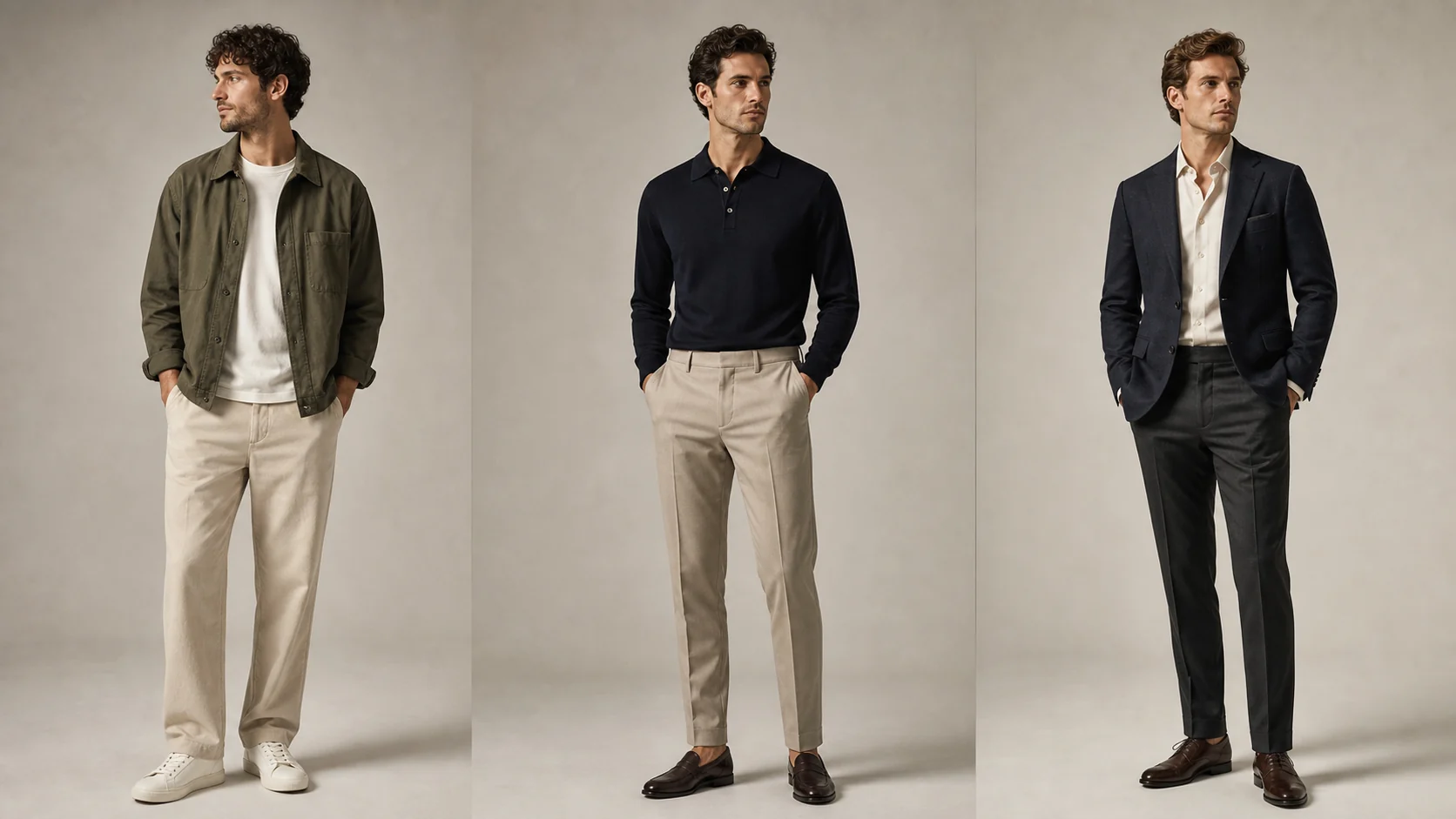 Trois bases de garde-robe homme avec veste, maille, pantalon et chaussures sobres dans des niveaux de formalité différents