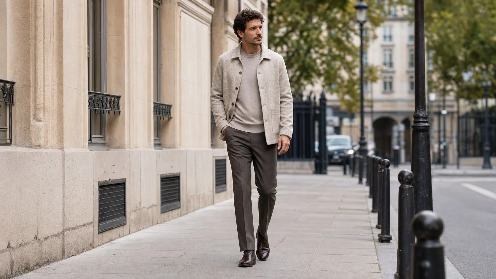 Homme portant une tenue sobre et structurée avec veste légère, pantalon droit et chaussures nettes dans un décor urbain