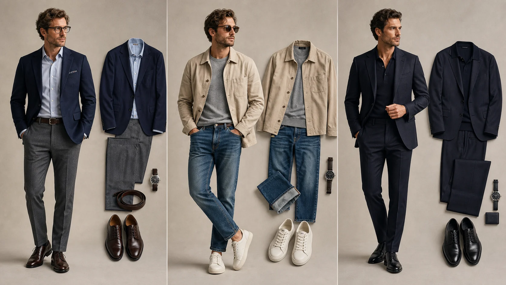 Trois idées de tenues homme cohérentes pour le travail, le week-end et une sortie en soirée