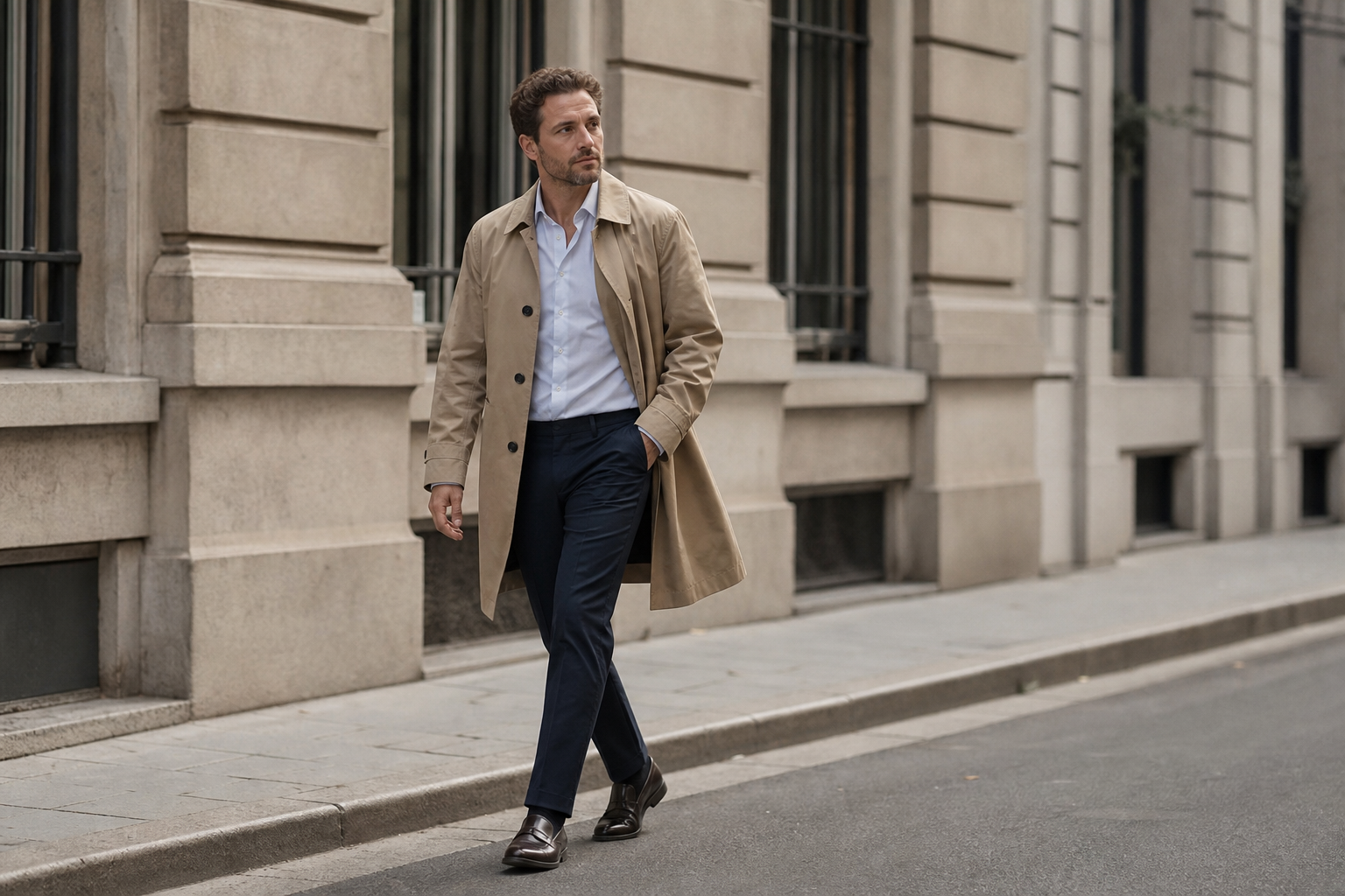 Homme portant un trench beige mi-long dans une rue urbaine sobre